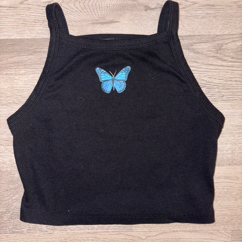 SHEIN Black Crop Top with Blue Butterfly